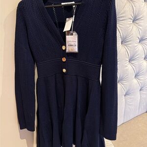 Self-Portrait Navy Knit Dress with Gold Buttons